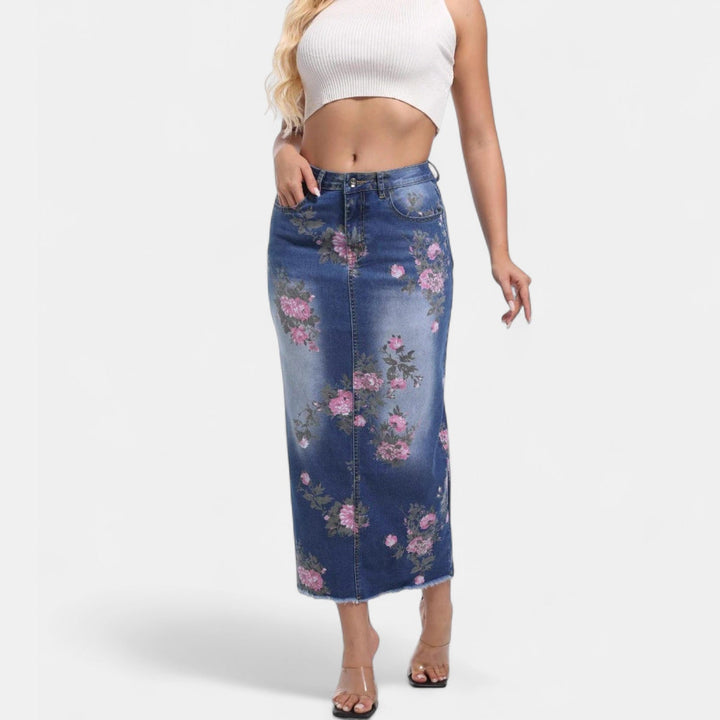 Women's Floral Print Denim Midi Skirt, Fitted Pencil Raw Hem
