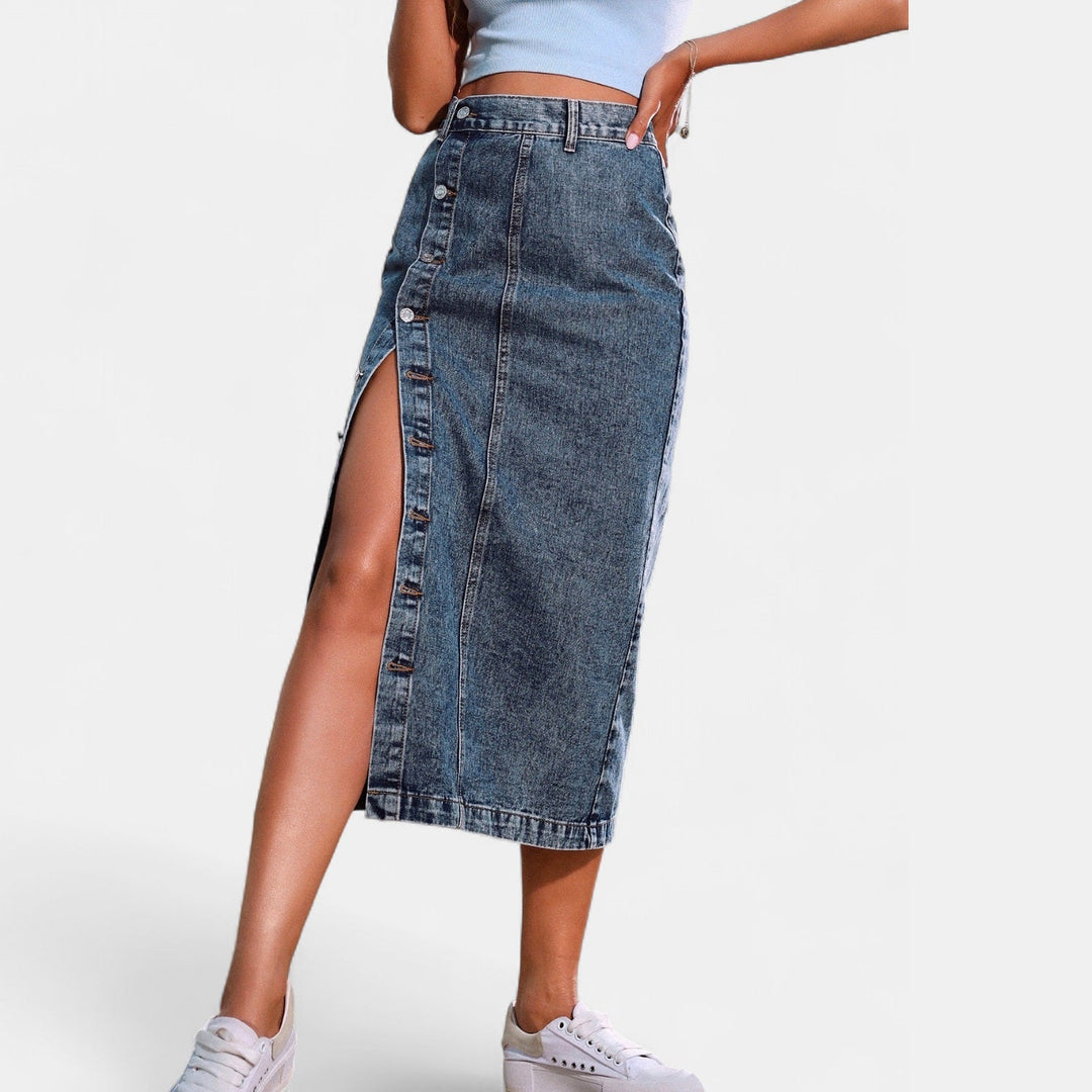 Women's Button Front High Waist Denim Midi Skirt, Fitted Pencil