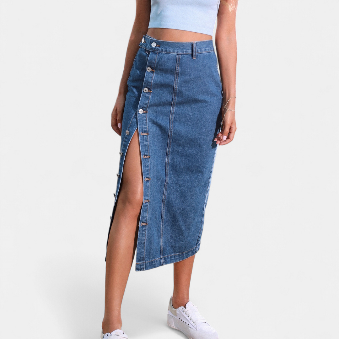 Women's Button Front High Waist Denim Midi Skirt, Fitted Pencil