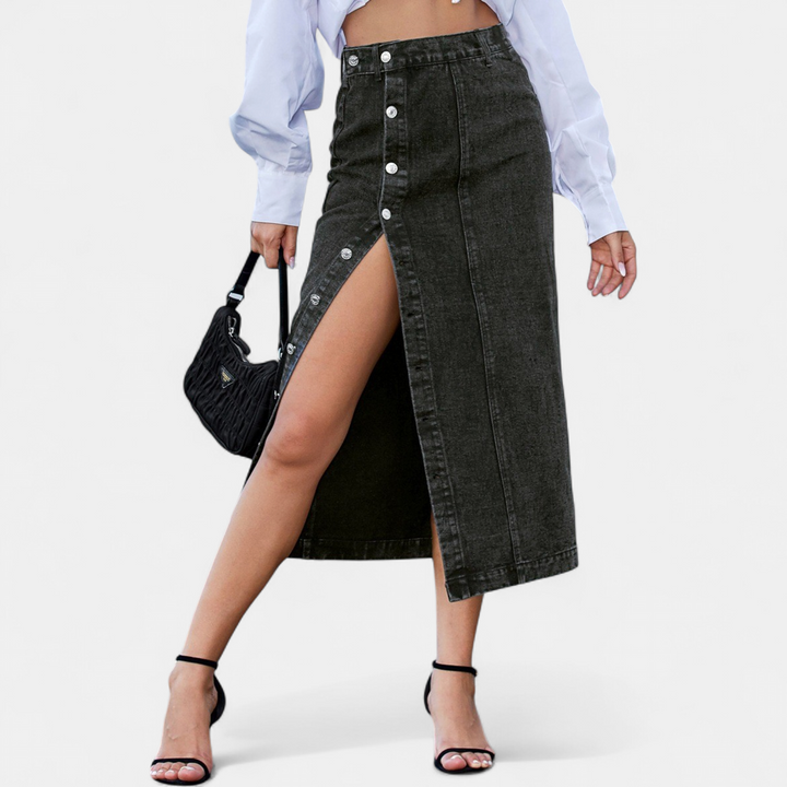 Women's Button Front High Waist Denim Midi Skirt, Fitted Pencil