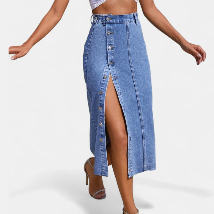 Women's Button Front High Waist Denim Midi Skirt, Fitted Pencil