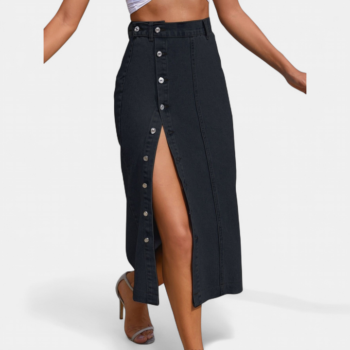 Women's Button Front High Waist Denim Midi Skirt, Fitted Pencil
