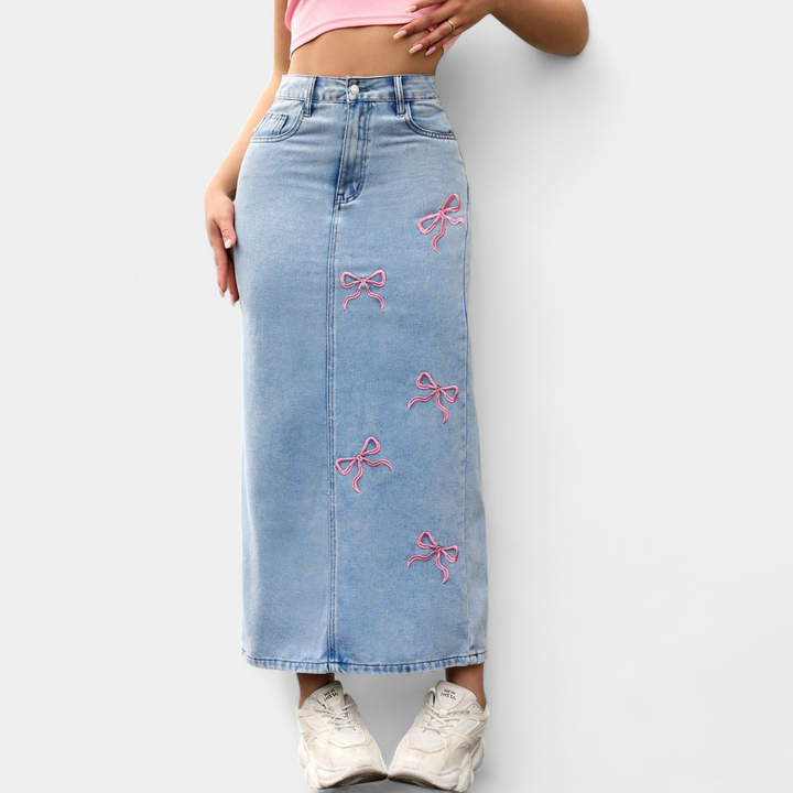 Women's Bow Embroidered High Waisted Denim Maxi Skirt
