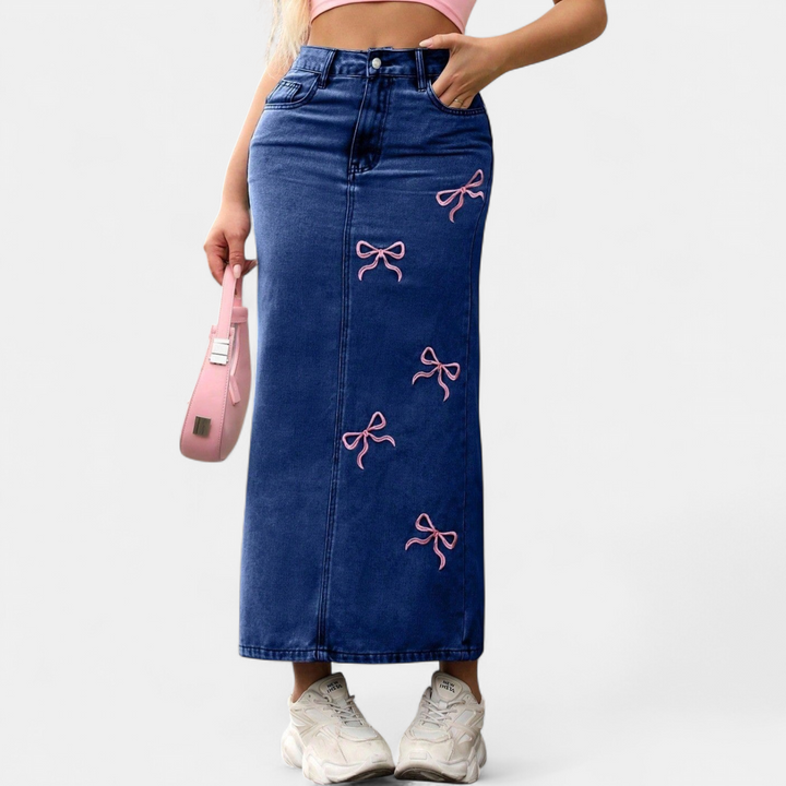 Women's Bow Embroidered High Waisted Denim Maxi Skirt