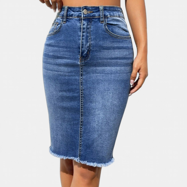 Women's High Waisted Denim Midi Skirt, Fitted Pencil Raw Hem