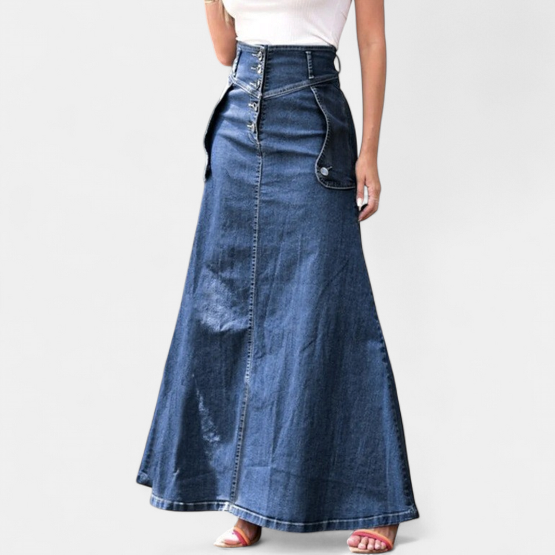 Women's High Waisted A Line Denim Maxi Skirt, Diagonal Button Front