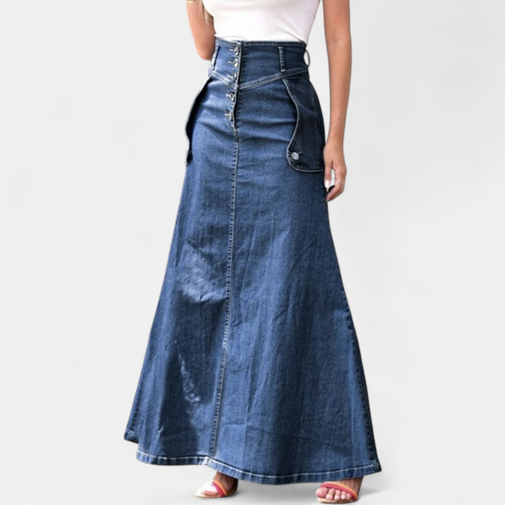 Women's High Waisted A Line Denim Maxi Skirt, Diagonal Button Front