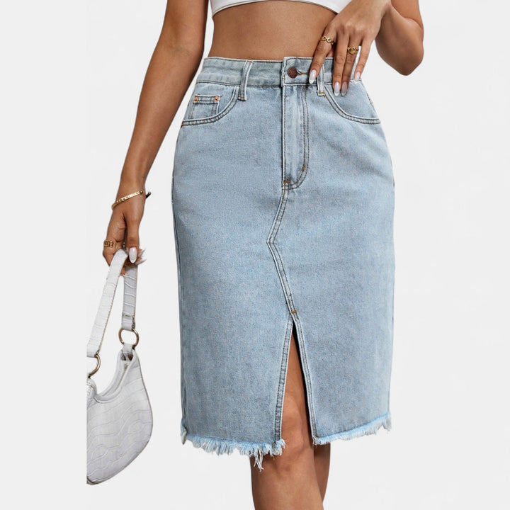 Women's High Waisted Denim Midi Skirt, Fitted Pencil Raw Hem Front Slit