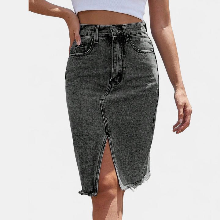Women's High Waisted Denim Midi Skirt, Fitted Pencil Raw Hem Front Slit