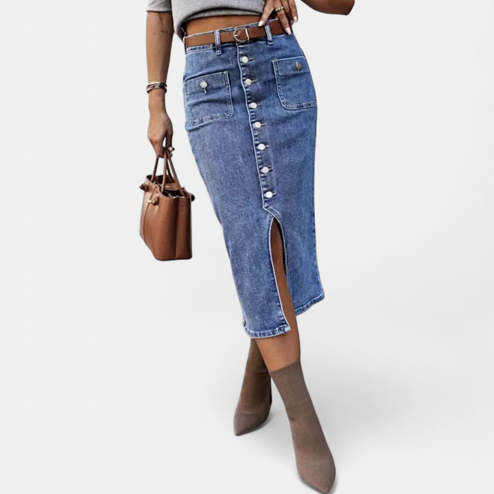 Women's Button Front Denim Midi Pencil Skirt, High Waisted