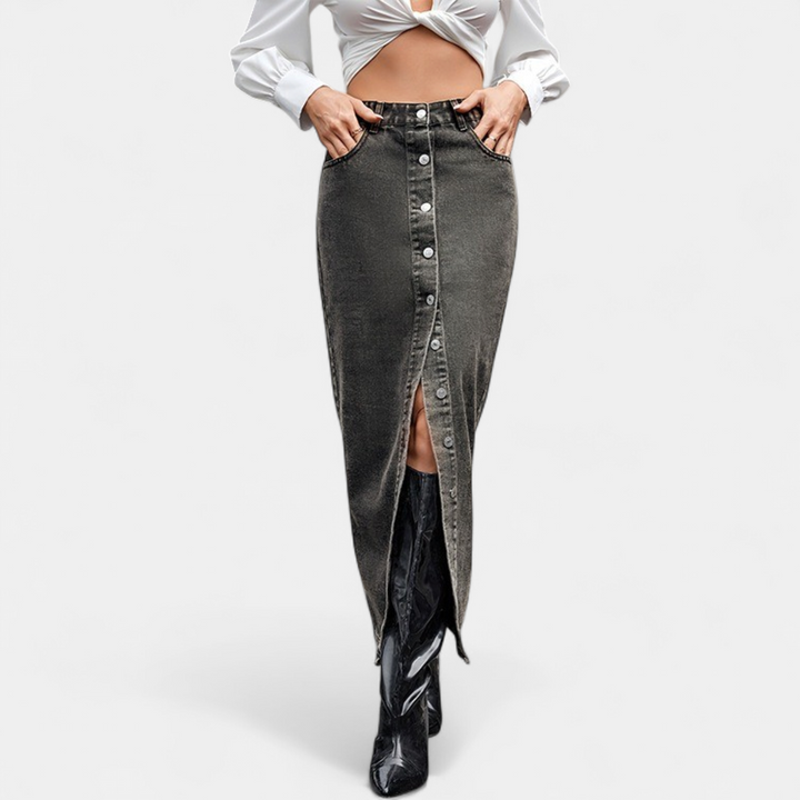 Women's Button Front Denim Pencil Maxi Skirt, High Waisted