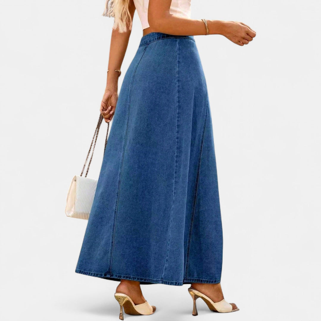 Women's Button Front Denim Pencil Maxi Skirt, High Waisted