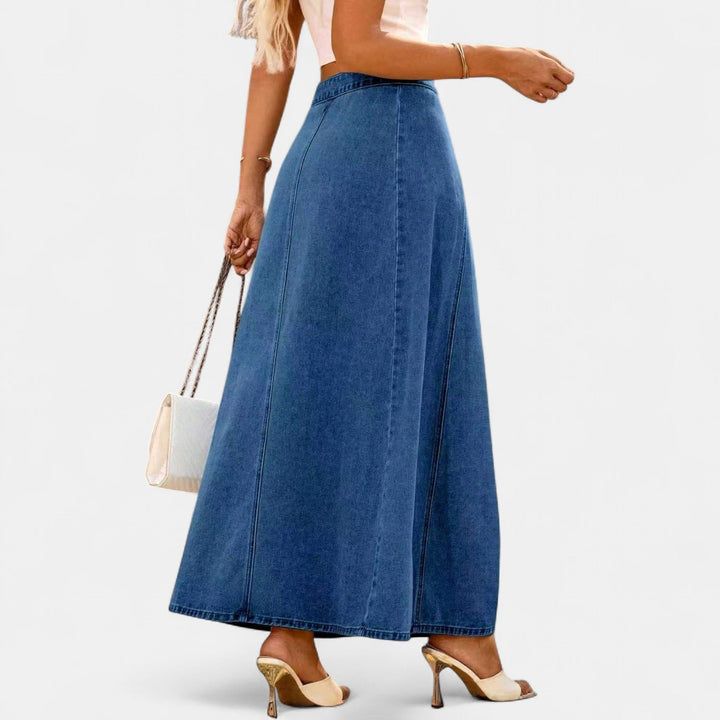 Women's Button Front Denim Pencil Maxi Skirt, High Waisted