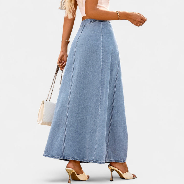 Women's Button Front Denim Pencil Maxi Skirt, High Waisted