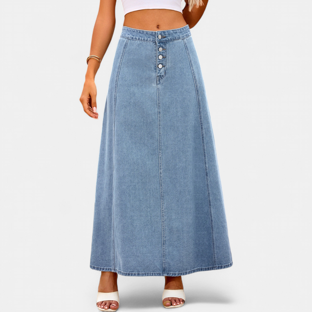 Women's A Line Denim Maxi Skirt, Button Front High Waist
