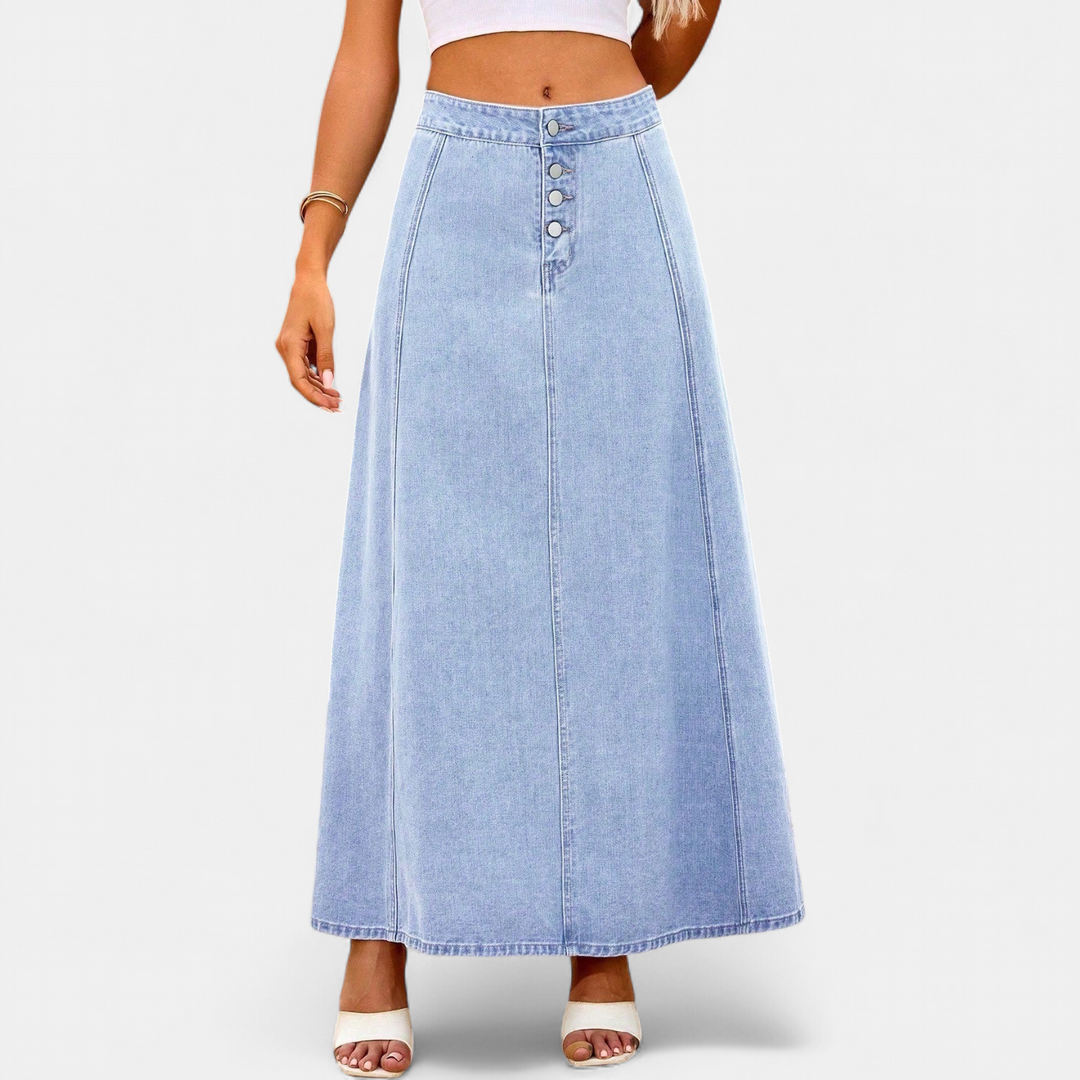Women's A Line Denim Maxi Skirt, Button Front High Waist