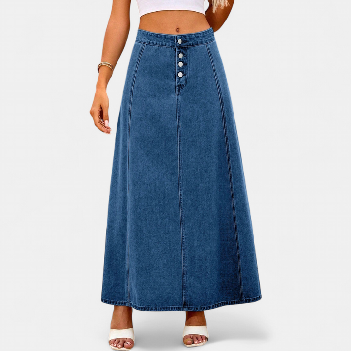 Women's A Line Denim Maxi Skirt, Button Front High Waist