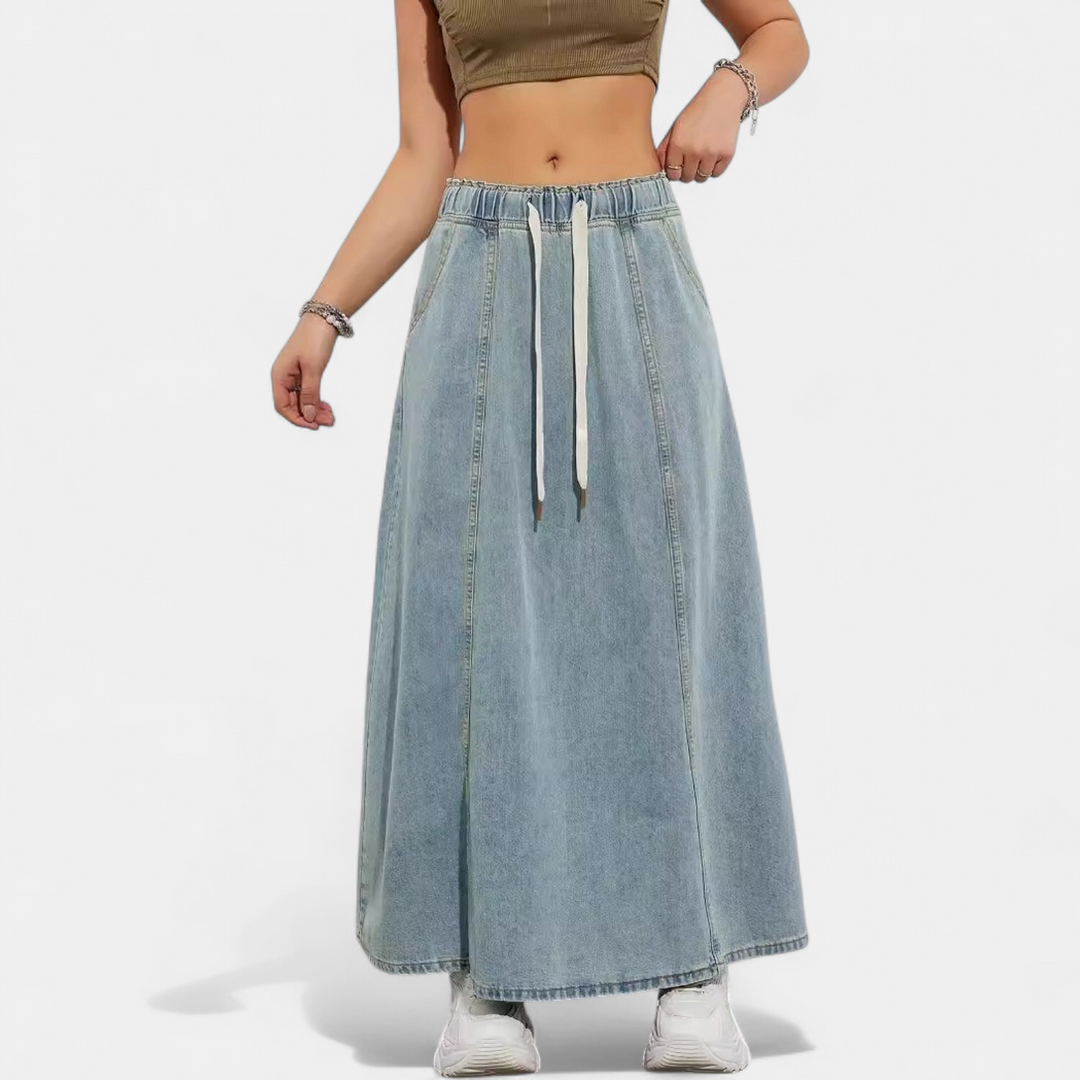 Women's A Line Denim Maxi Skirt, Drawstring Elasticated Waist