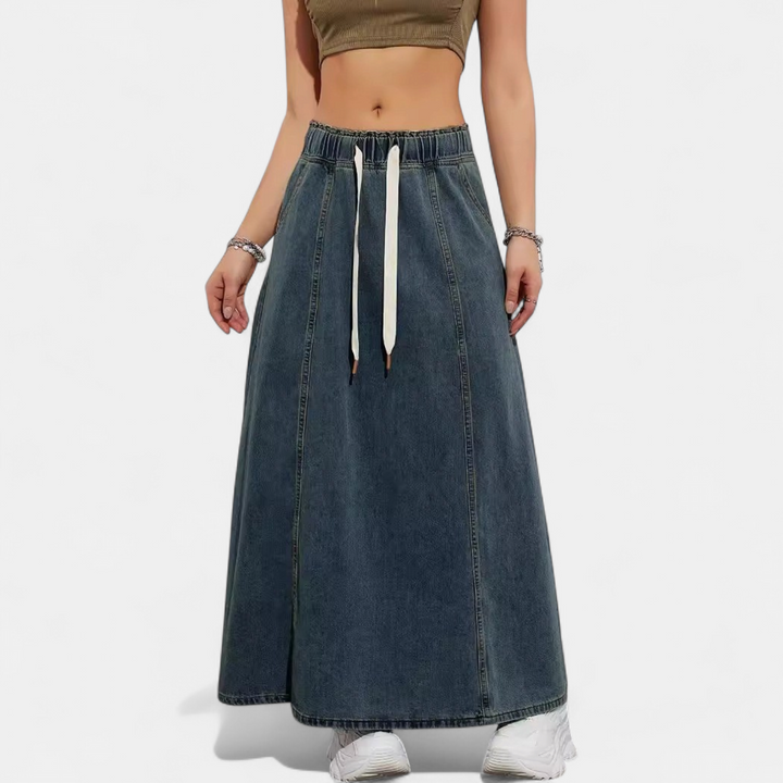 Women's A Line Denim Maxi Skirt, Drawstring Elasticated Waist
