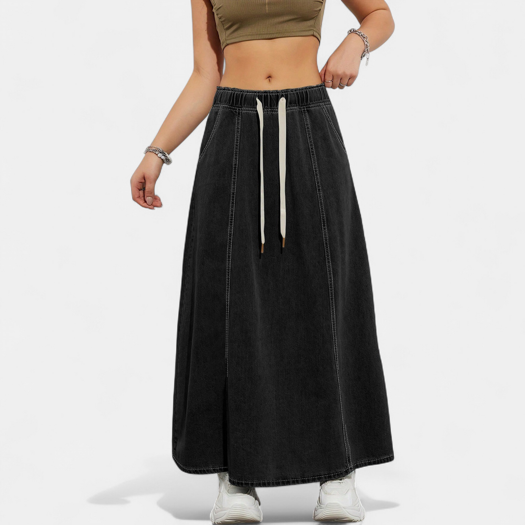 Women's A Line Denim Maxi Skirt, Drawstring Elasticated Waist