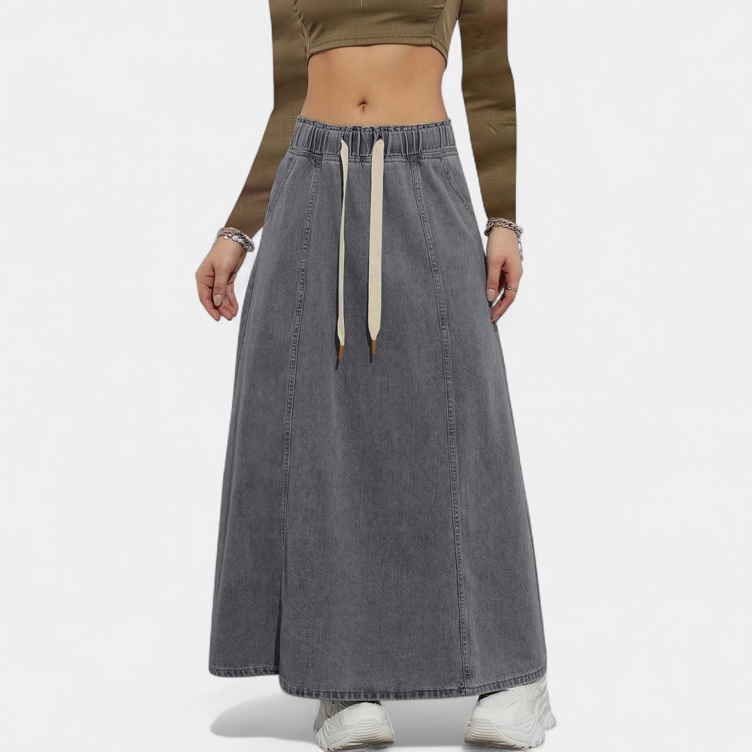 Women's A Line Denim Maxi Skirt, Drawstring Elasticated Waist