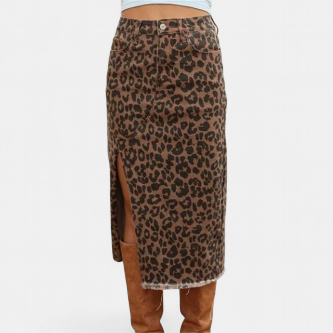 Women's Leopard Print Denim Midi Skirt, High Waist Pencil Fit Raw Hem