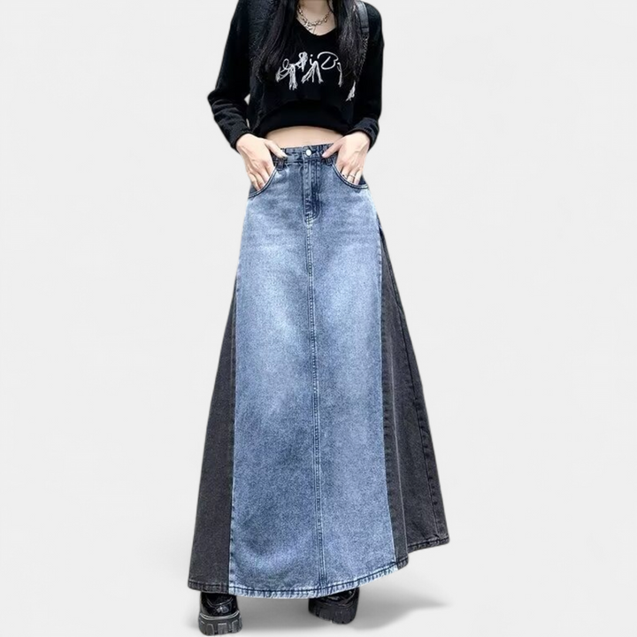 Women's High Waisted Pencil Denim Maxi Skirt, Two Tone Colorblock