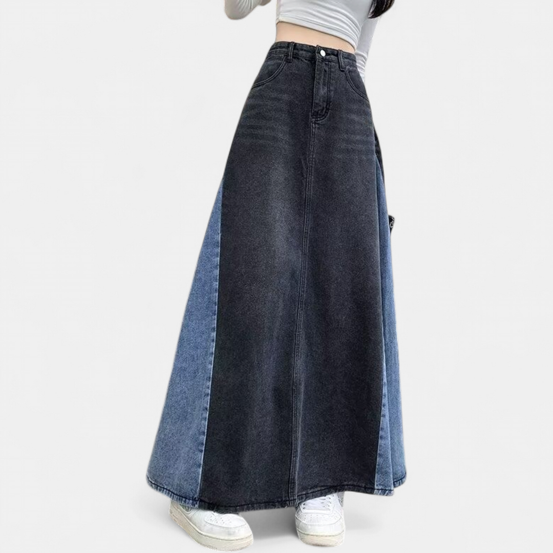Women's High Waisted Pencil Denim Maxi Skirt, Two Tone Colorblock