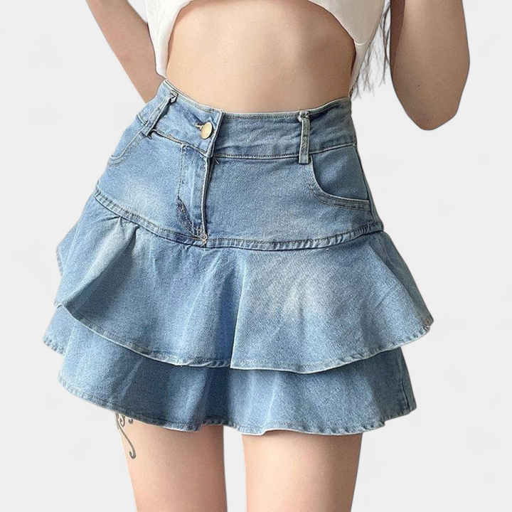 Women's High Waisted Denim Mini Skirt, Tiered Ruffle A Line