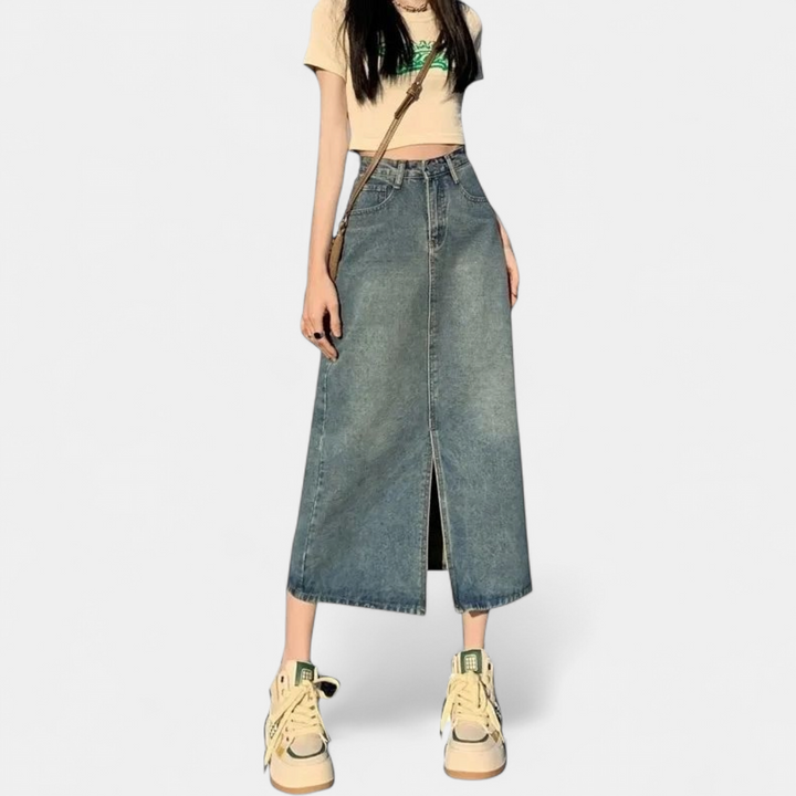 Women's High Waist A Line Denim Midi Skirt, Front Slit