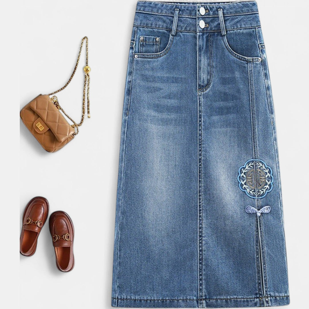 Women's Embroidered High Waist Denim Midi Skirt, Front Slit