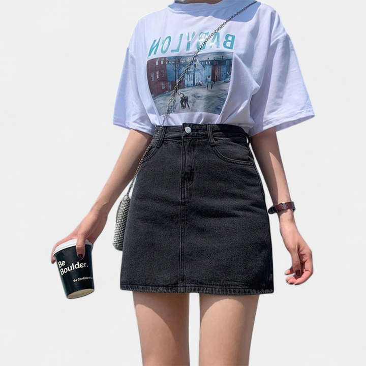 Women's High Waist A Line Denim Mini Skirt, Zip Fly