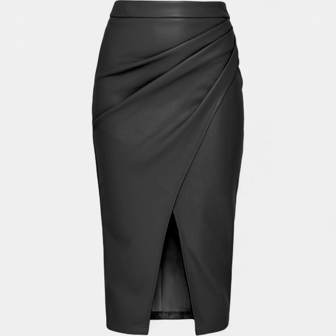 Women's Faux Leather Pencil Midi Skirt, Asymmetrical Ruched Wrap Front