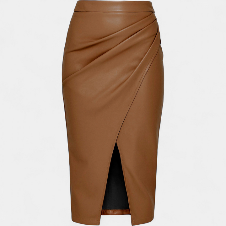 Women's Faux Leather Pencil Midi Skirt, Asymmetrical Ruched Wrap Front