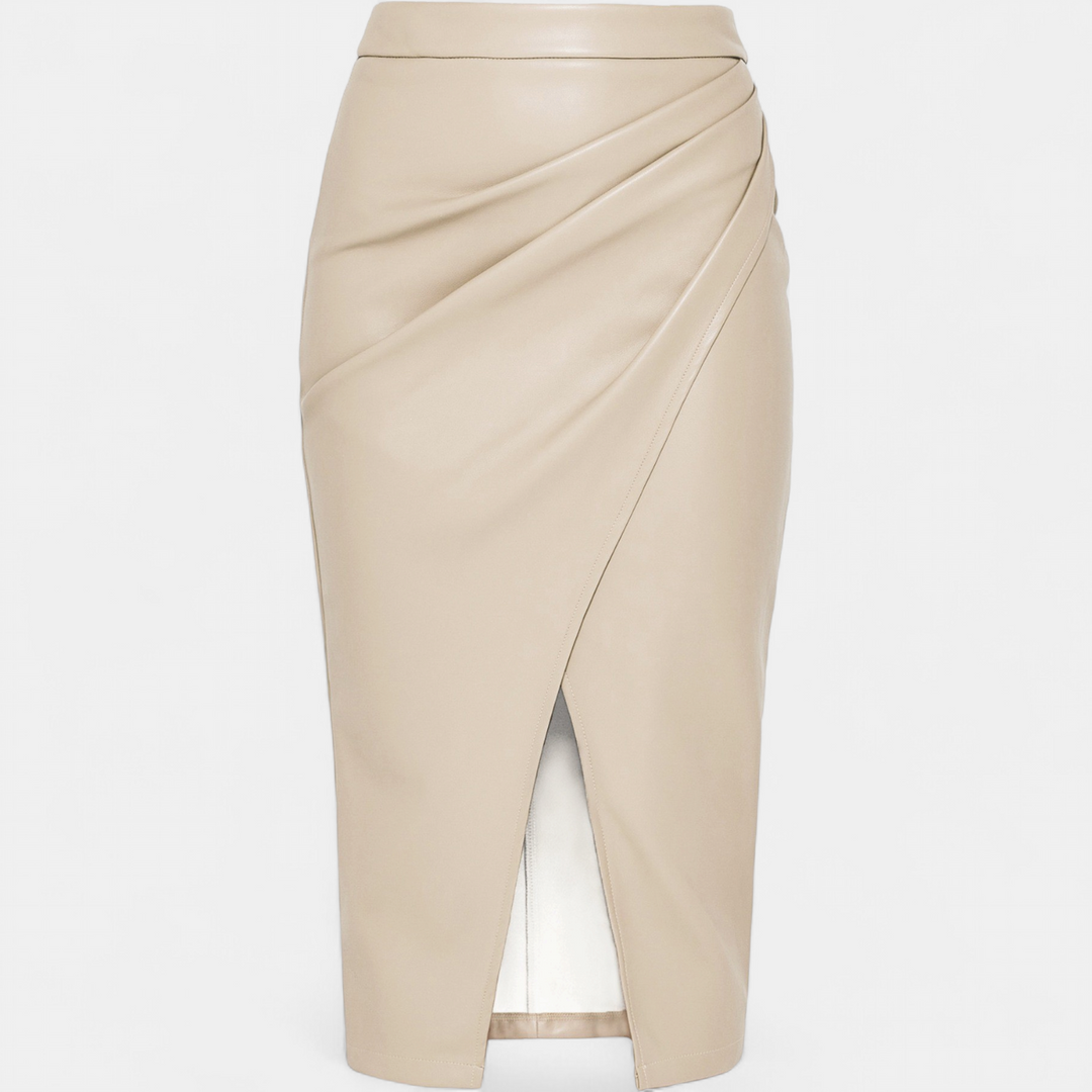 Women's Faux Leather Pencil Midi Skirt, Asymmetrical Ruched Wrap Front