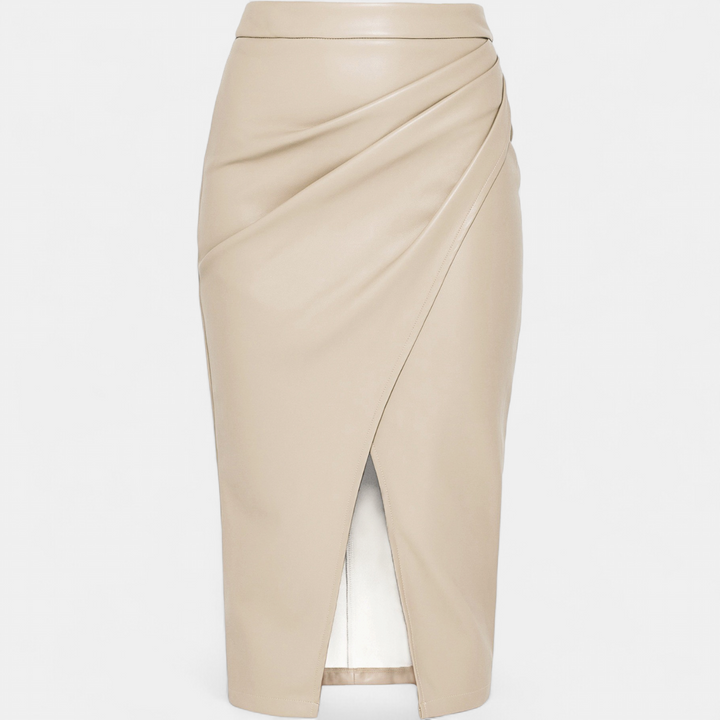 Women's Faux Leather Pencil Midi Skirt, Asymmetrical Ruched Wrap Front
