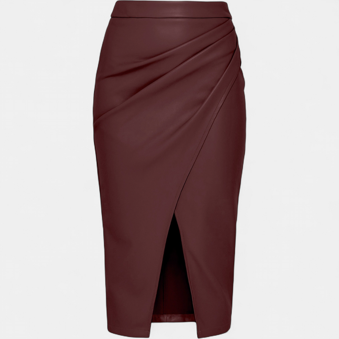 Women's Faux Leather Pencil Midi Skirt, Asymmetrical Ruched Wrap Front