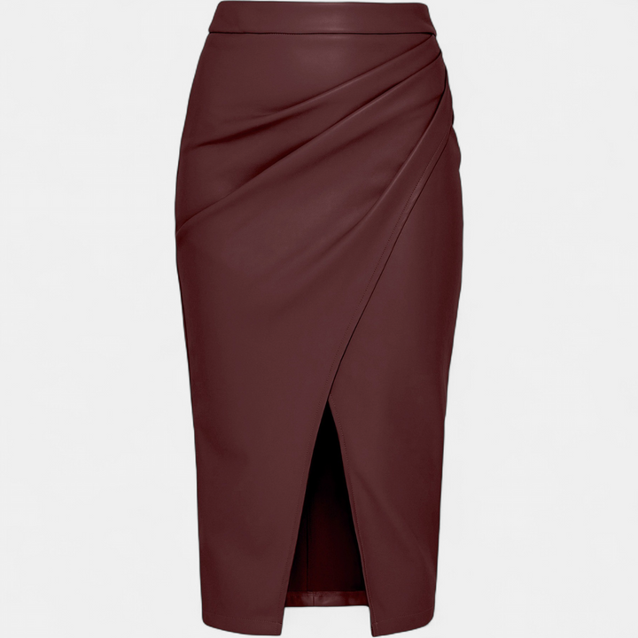 Women's Faux Leather Pencil Midi Skirt, Asymmetrical Ruched Wrap Front