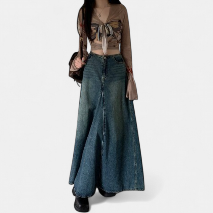 Women's High Waisted A Line Denim Maxi Skirt, Vintage Wash Flared