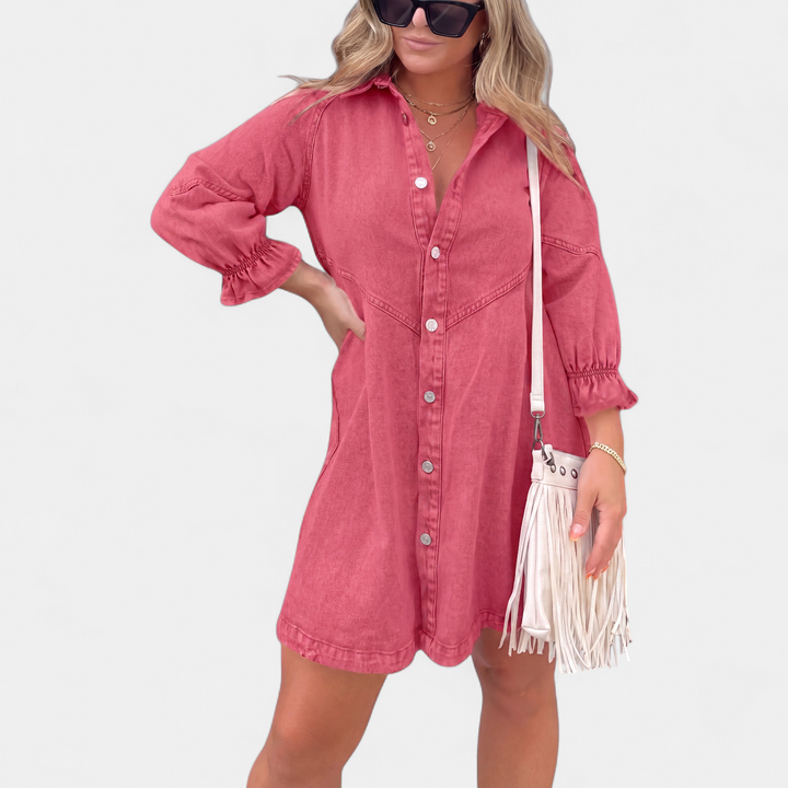 Women's Frill Cuff Button Front Denim Mini Dress, Relaxed Fit