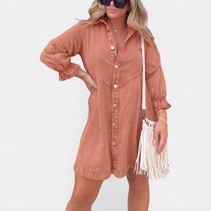 Women's Frill Cuff Button Front Denim Mini Dress, Relaxed Fit