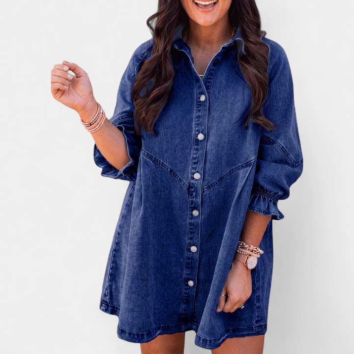 Women's Frill Cuff Button Front Denim Mini Dress, Relaxed Fit