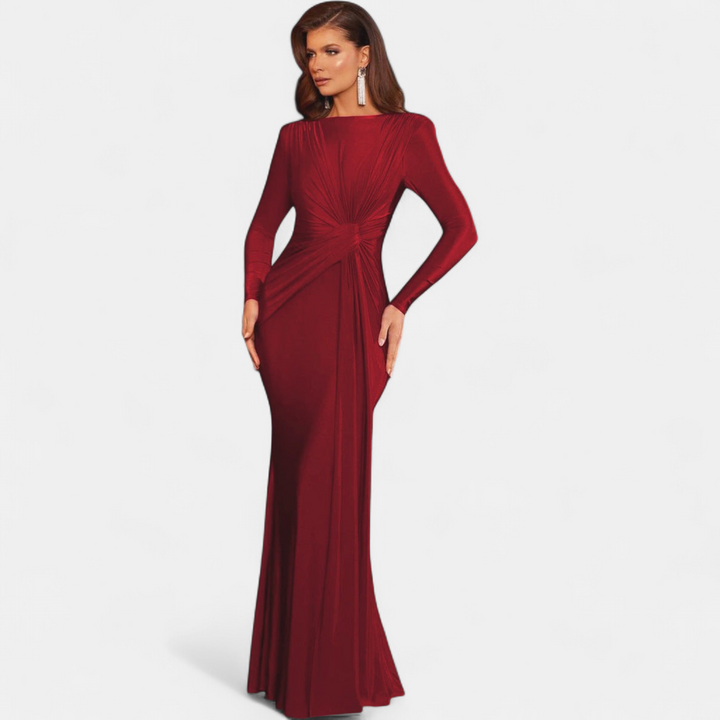 Women's Long Sleeve Wedding Guest Maxi Dress, Ruched Mock Neck
