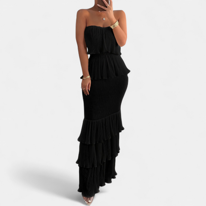 Women's Strapless Wedding Guest Maxi Dress, Tiered Ruffle Hem