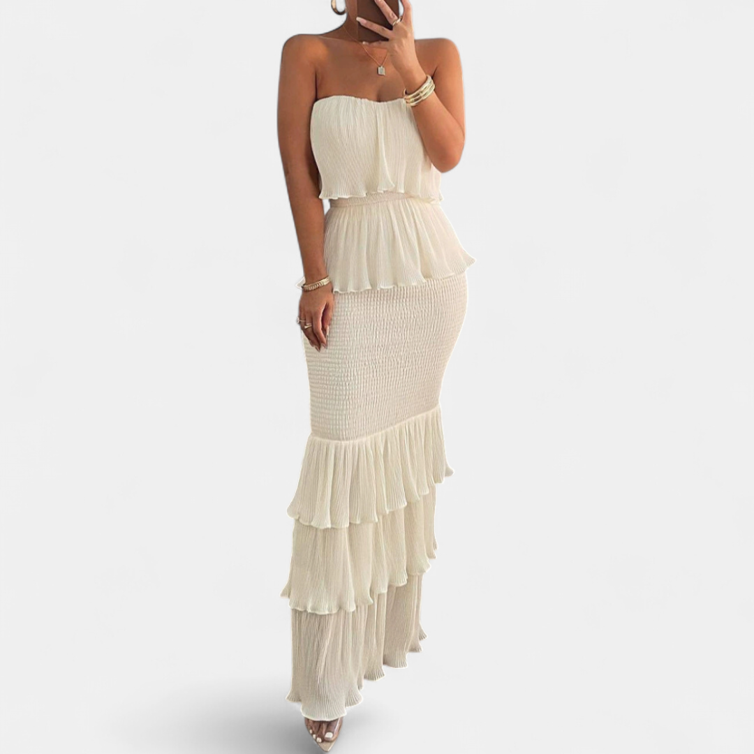 Women's Strapless Wedding Guest Maxi Dress, Tiered Ruffle Hem