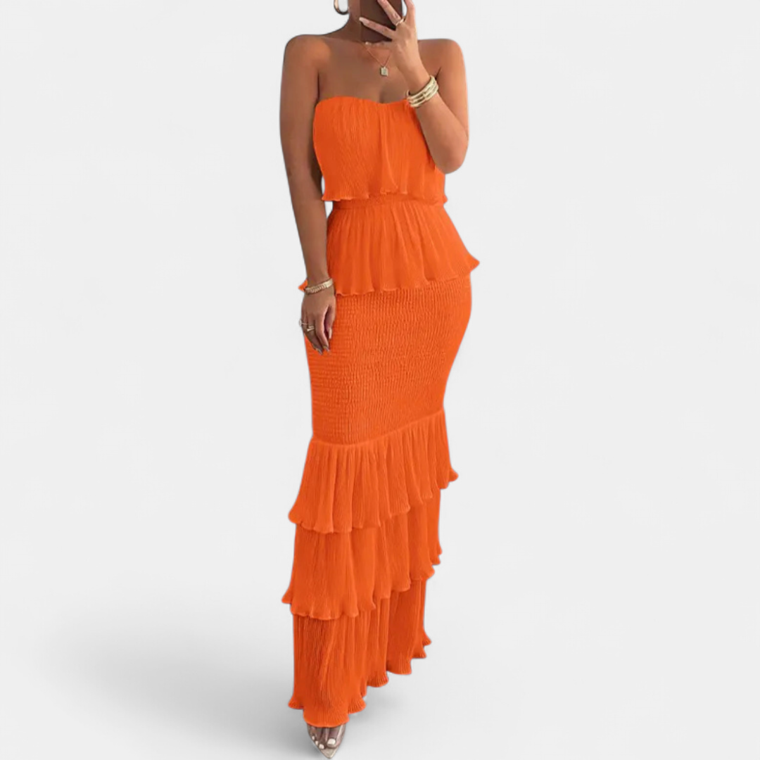 Women's Strapless Wedding Guest Maxi Dress, Tiered Ruffle Hem