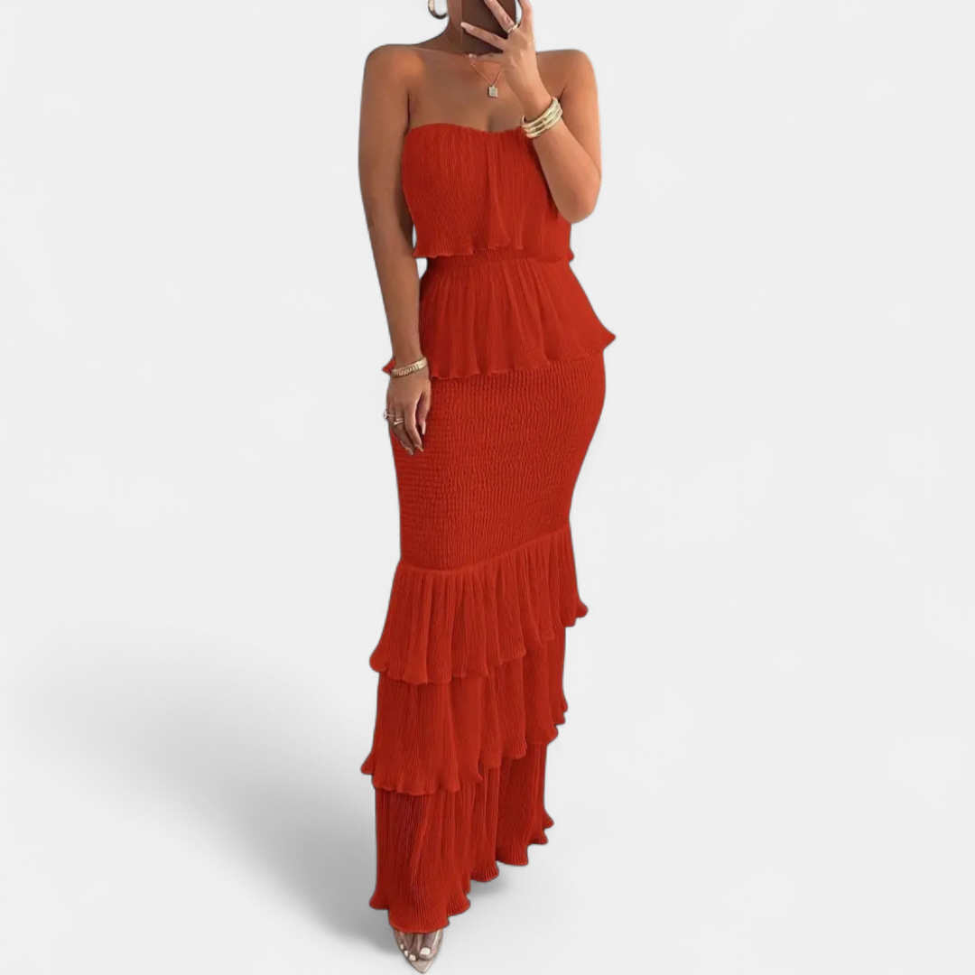 Women's Strapless Wedding Guest Maxi Dress, Tiered Ruffle Hem