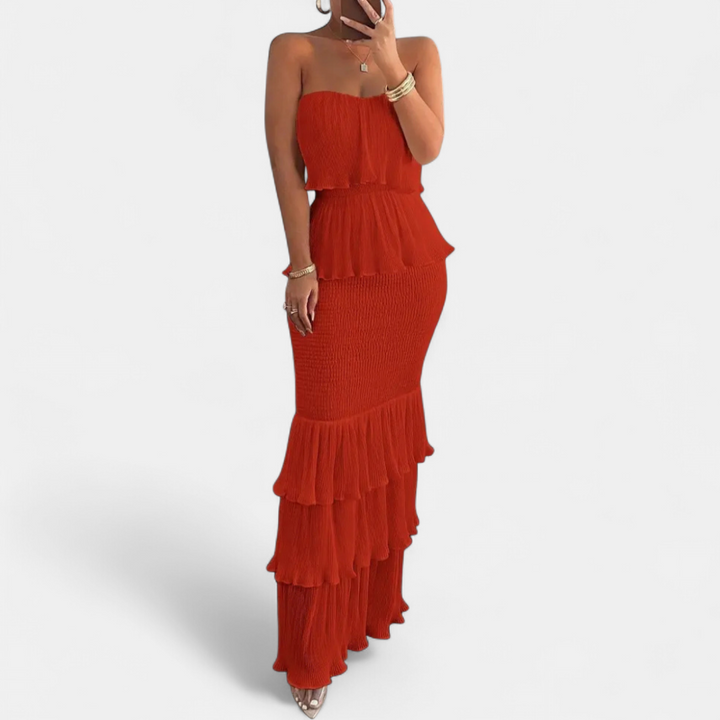 Women's Strapless Wedding Guest Maxi Dress, Tiered Ruffle Hem