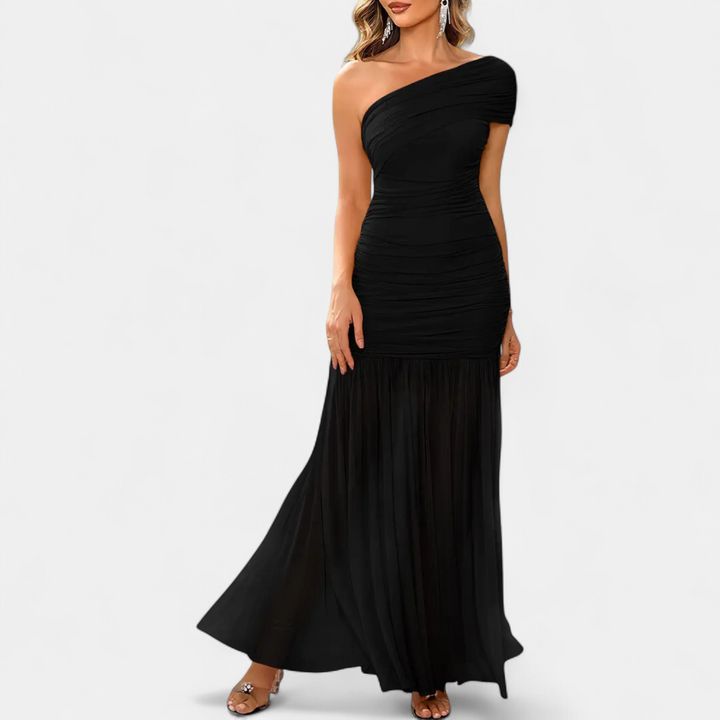 Women's Ruched Mermaid Wedding Guest Maxi Dress, One Shoulder