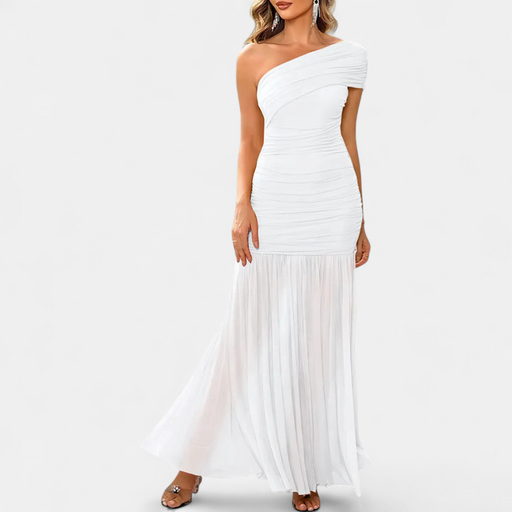 Women's Ruched Mermaid Wedding Guest Maxi Dress, One Shoulder